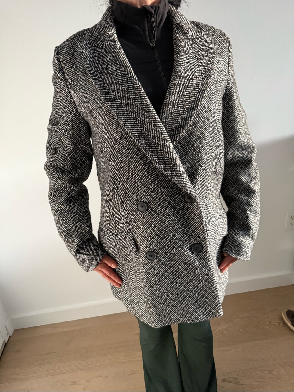 H&M Black & White Herringbone Double-Breasted Pea Coat